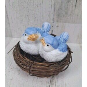 Ceramic Blue Bird Figurine Pair Nestled in Twig Straw Nest Taiwan Cottage VTG